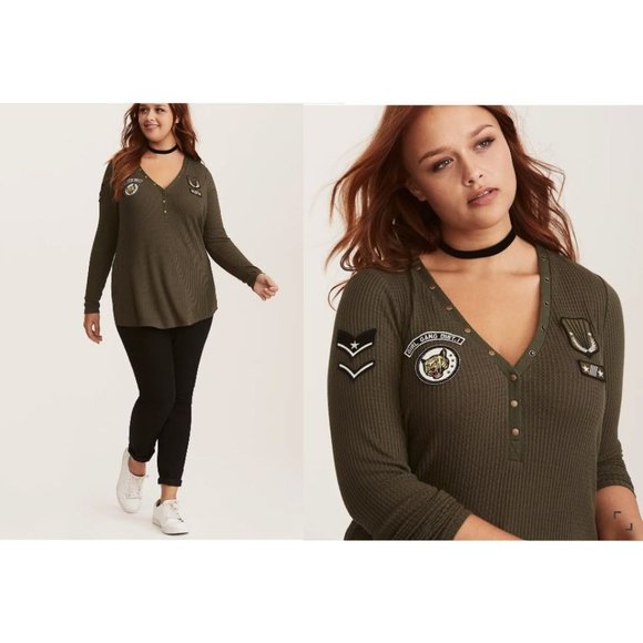 torrid Tops - Torrid Thermal Patch Henley Tee Olive Green 2